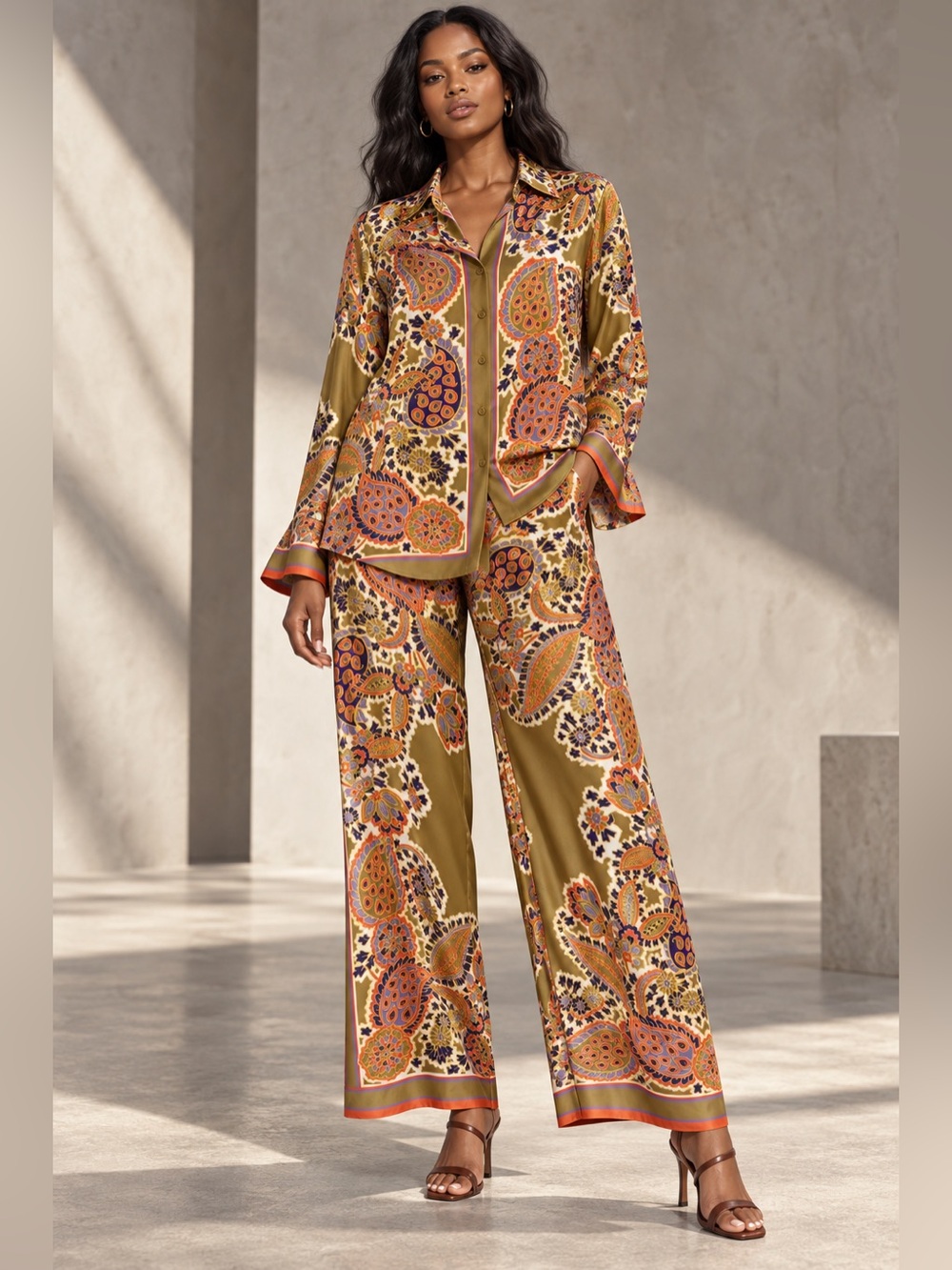 Zara Olive Orange Paisley Matching Shirt Pants Set XL